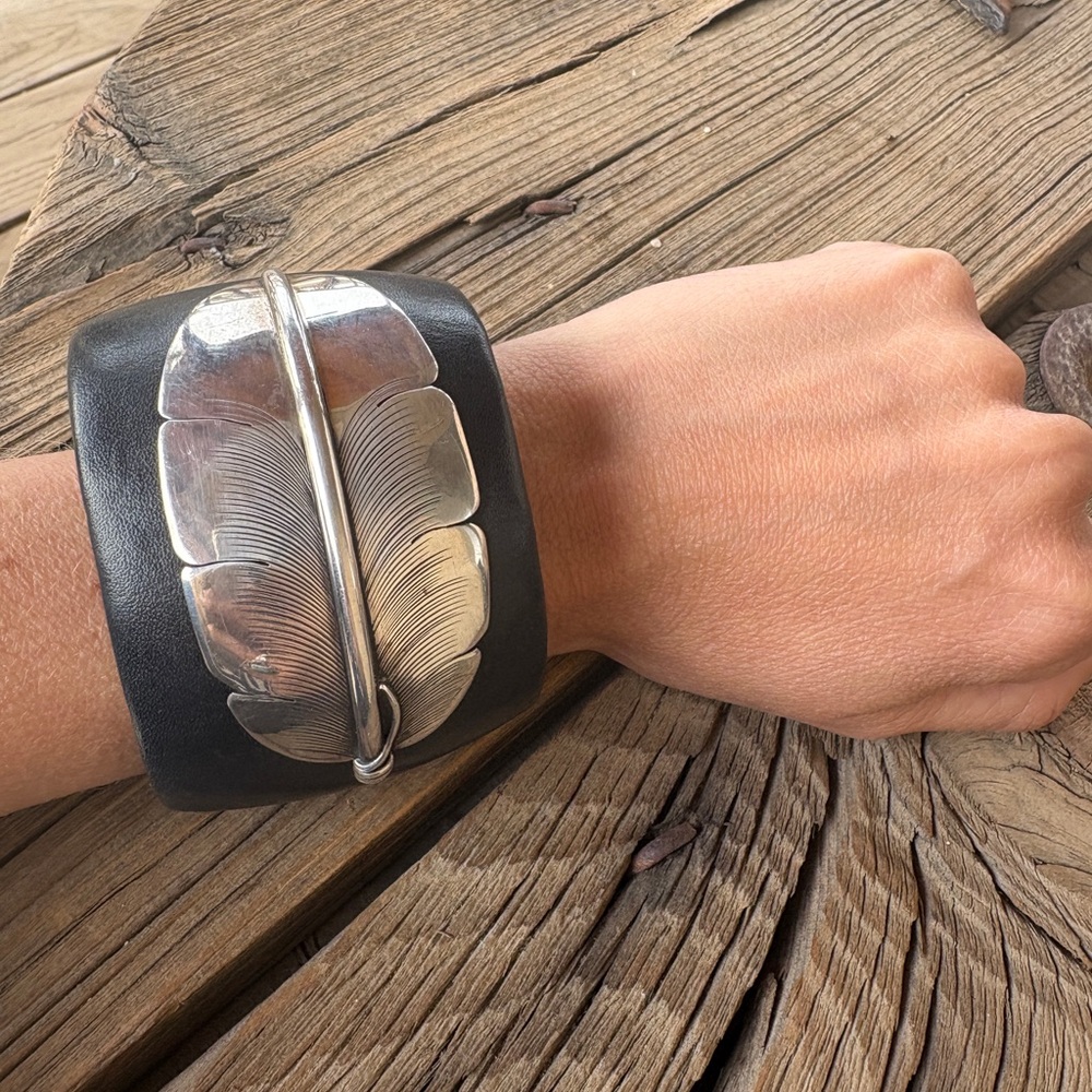 Sterling Silver Feather Black Leather Cuff Native American Bracelet
